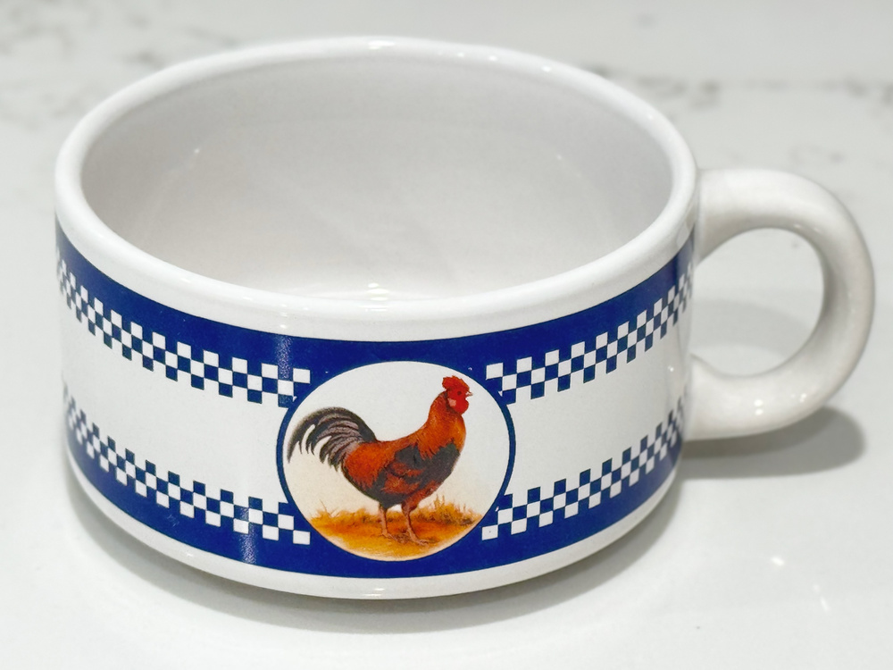 Houston Harvest Rooster Soup Mug Blue Gingham Ceramic Chili Crock Country Kitsch